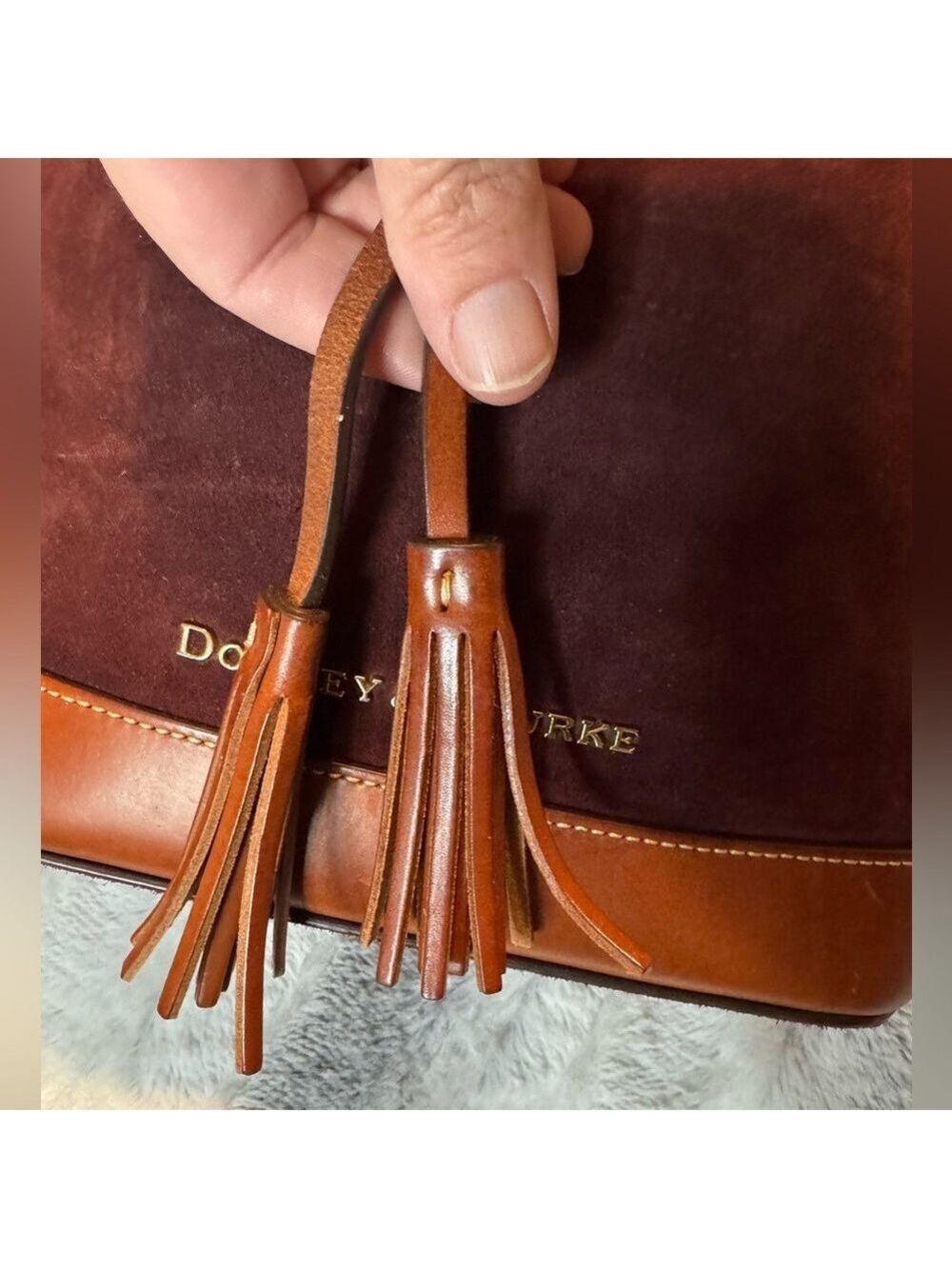 Dooney & Bourke - Suede Drawstring Bucket Bag - EUC 
Dark Brown/Burgundy Color - Picture 4 of 13